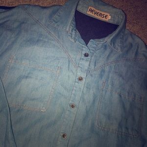 Reverse Denim High/Low Button Down w/Mesh Back